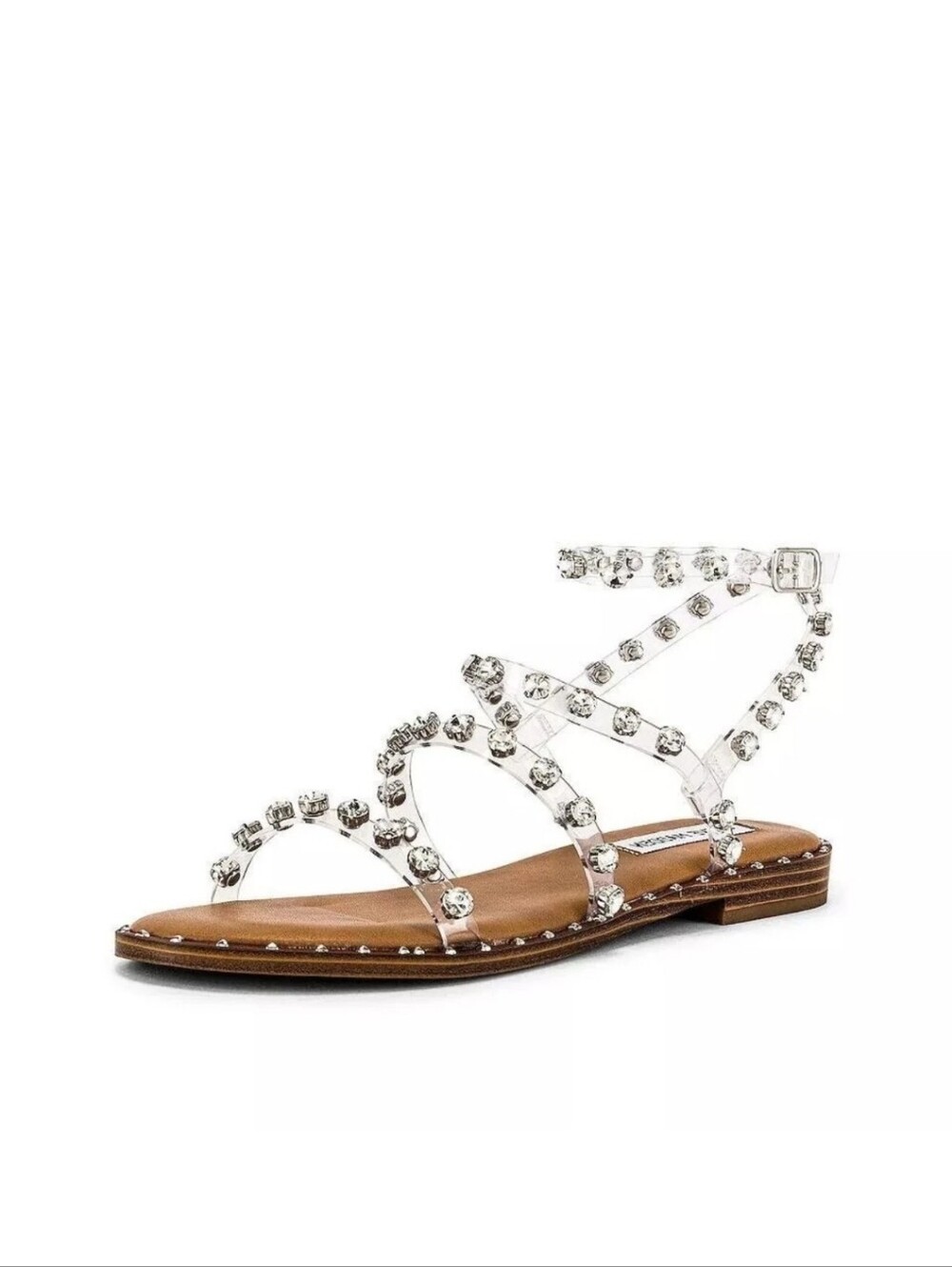 Steve Madden Travel Clear Rhinestone Leather Embellished Flat Sandal Size 8